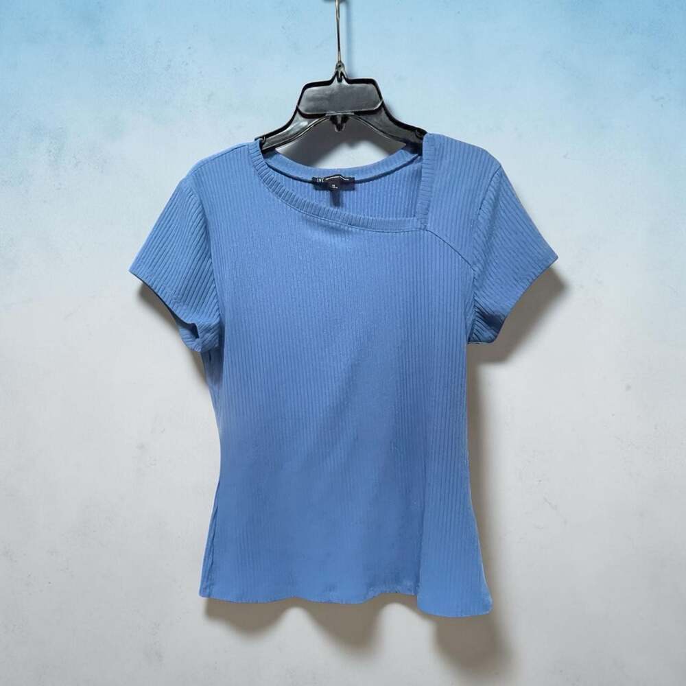 INC International Concepts Blue Ribbed Asymmetrical Neck Shirt